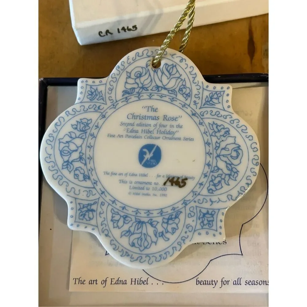 Edna Hibel 1992 Christmas Rose 4” Porcelain Ornament 2nd In Series COA #1465 Box